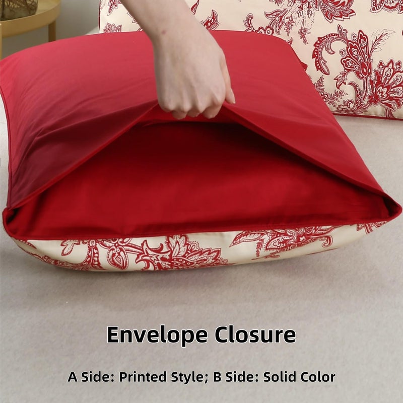WINLIFE Ultra Soft Set of 2 Pillowcases Floral Printed 100% Cotton Pillow Cases Envelope Closure Queen 20x30'', Vintage Red Paisley - Image 3